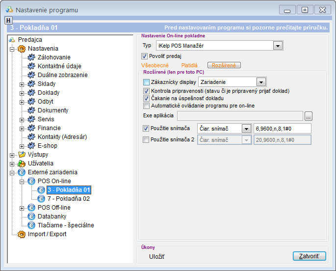 Nastavenia - POS on-line pokladňa - rozšírené nastavenia