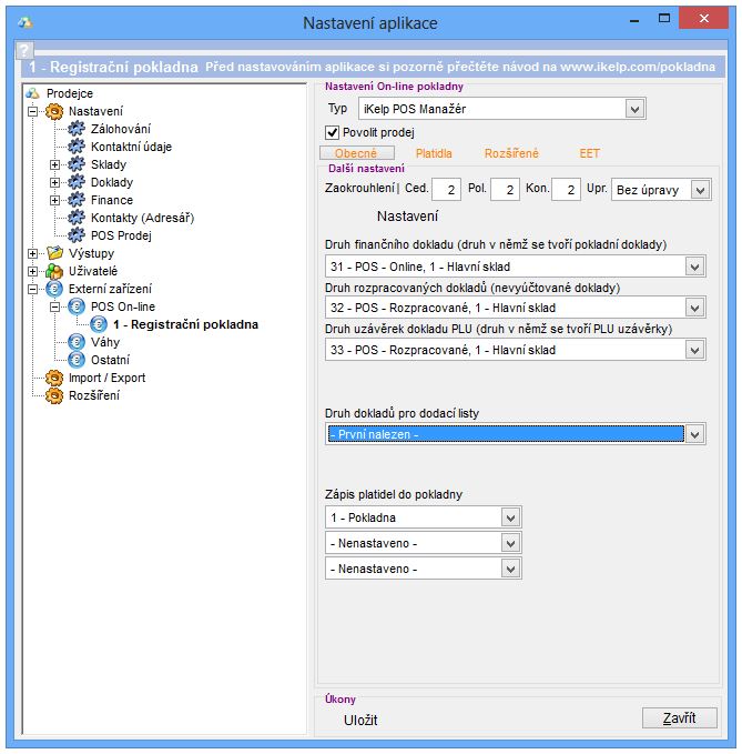Nastavení - POS on-line pokladna - obecné nastavení